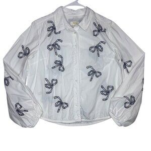 Maeve Anthropologie White/Black Sequin Bow Poplin Button-down Blouse Women’s L